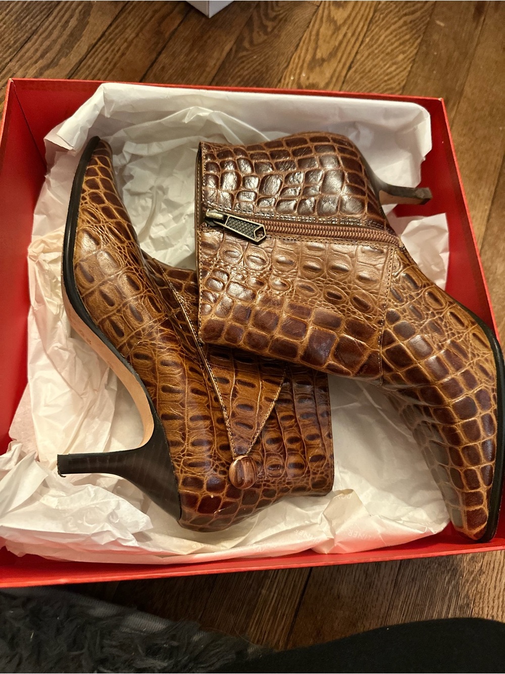 Donald J. Pliner Croc-Embossed Chestnut Brown Ankle Boots with Side Zip